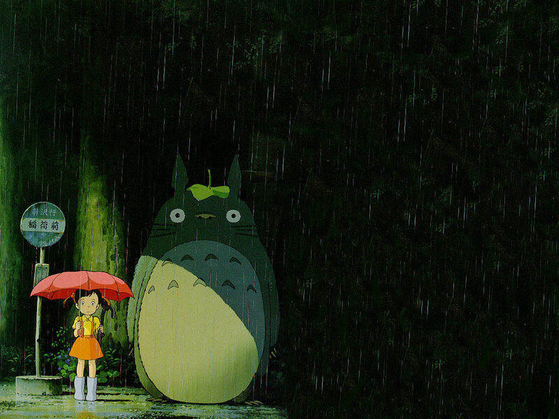 Totoro and girl in the rain
