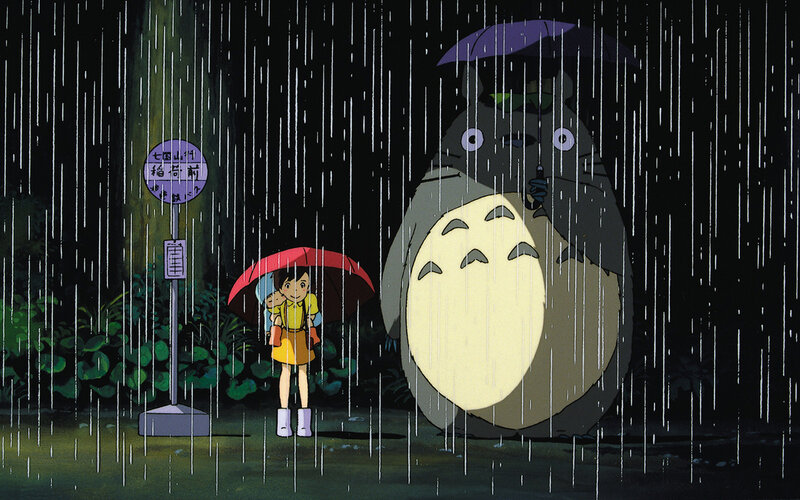 Totoro and girl in the rain