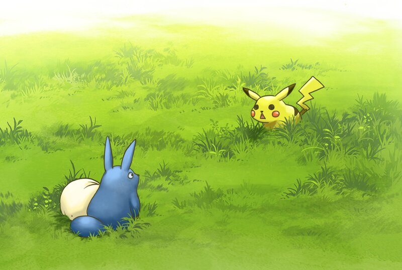 Totoro and Pikachu in Grass