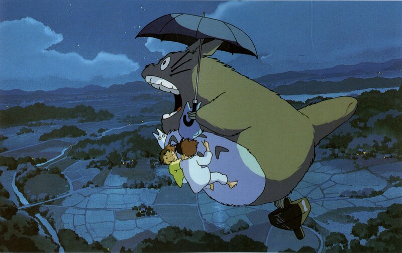 Totoro flies with children at night