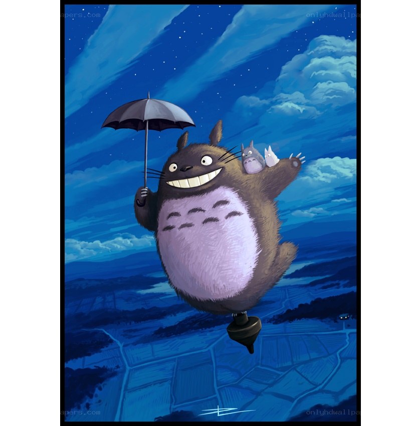 Totoro flying with umbrella