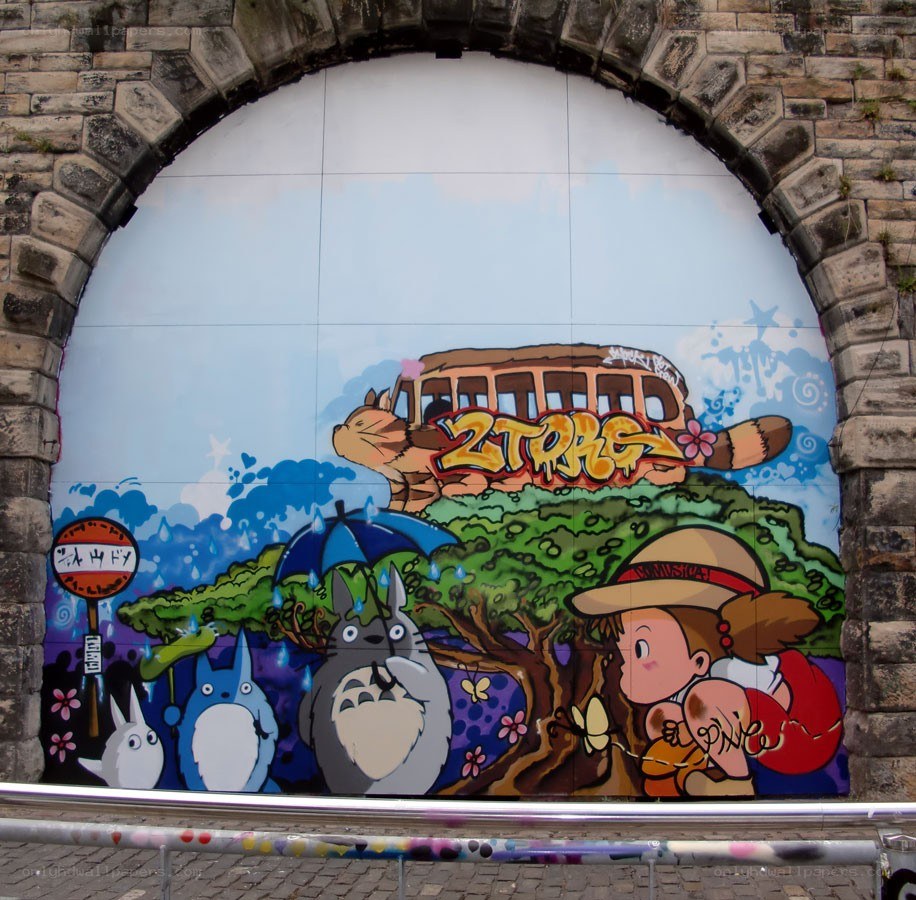 Totoro mural in stone arch