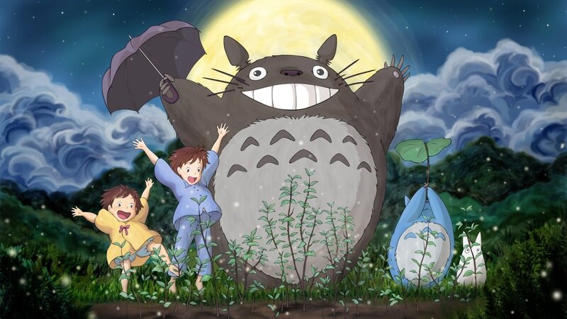 Totoro with Children — Green, Whimsical, Night, Anime, Umbrella, Moon