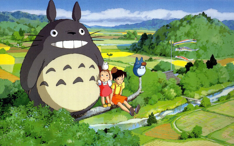 Totoro with children in countryside