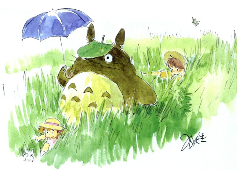 Totoro with Children in Grass
