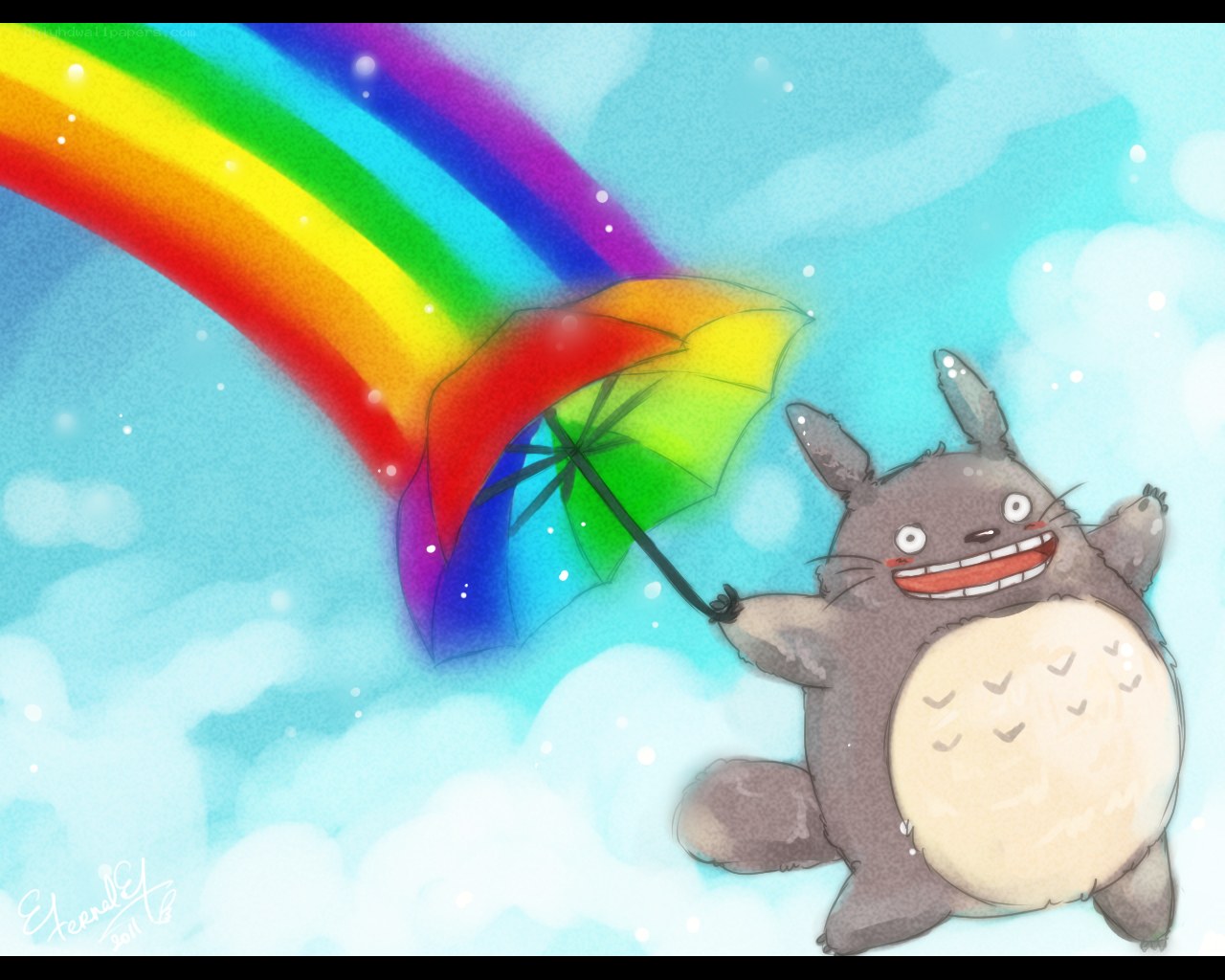Totoro with rainbow umbrella