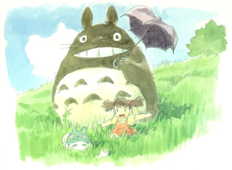Totoro with umbrella in field