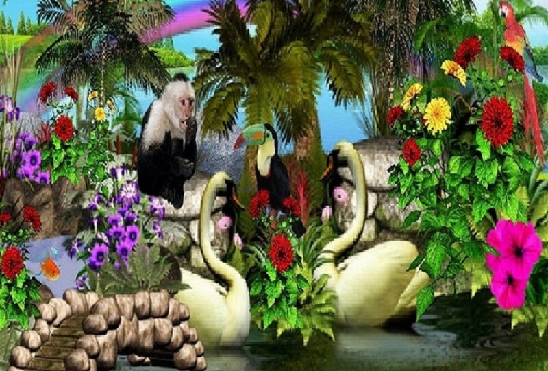 Toucan and Swans in Garden