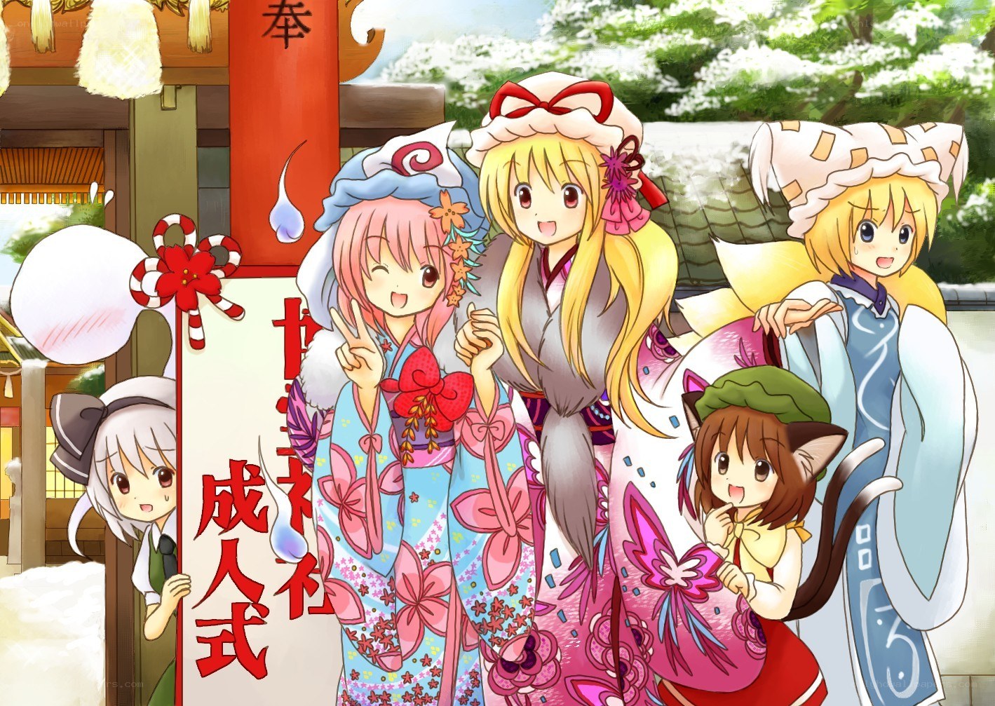 Touhou characters at a shrine
