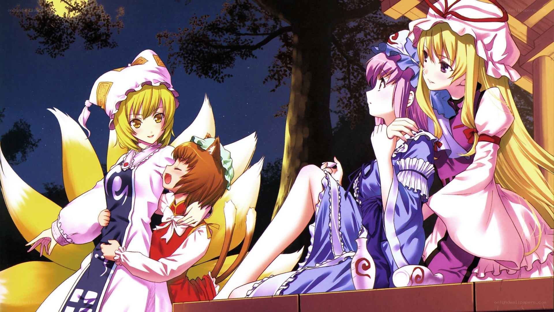 Touhou characters at night
