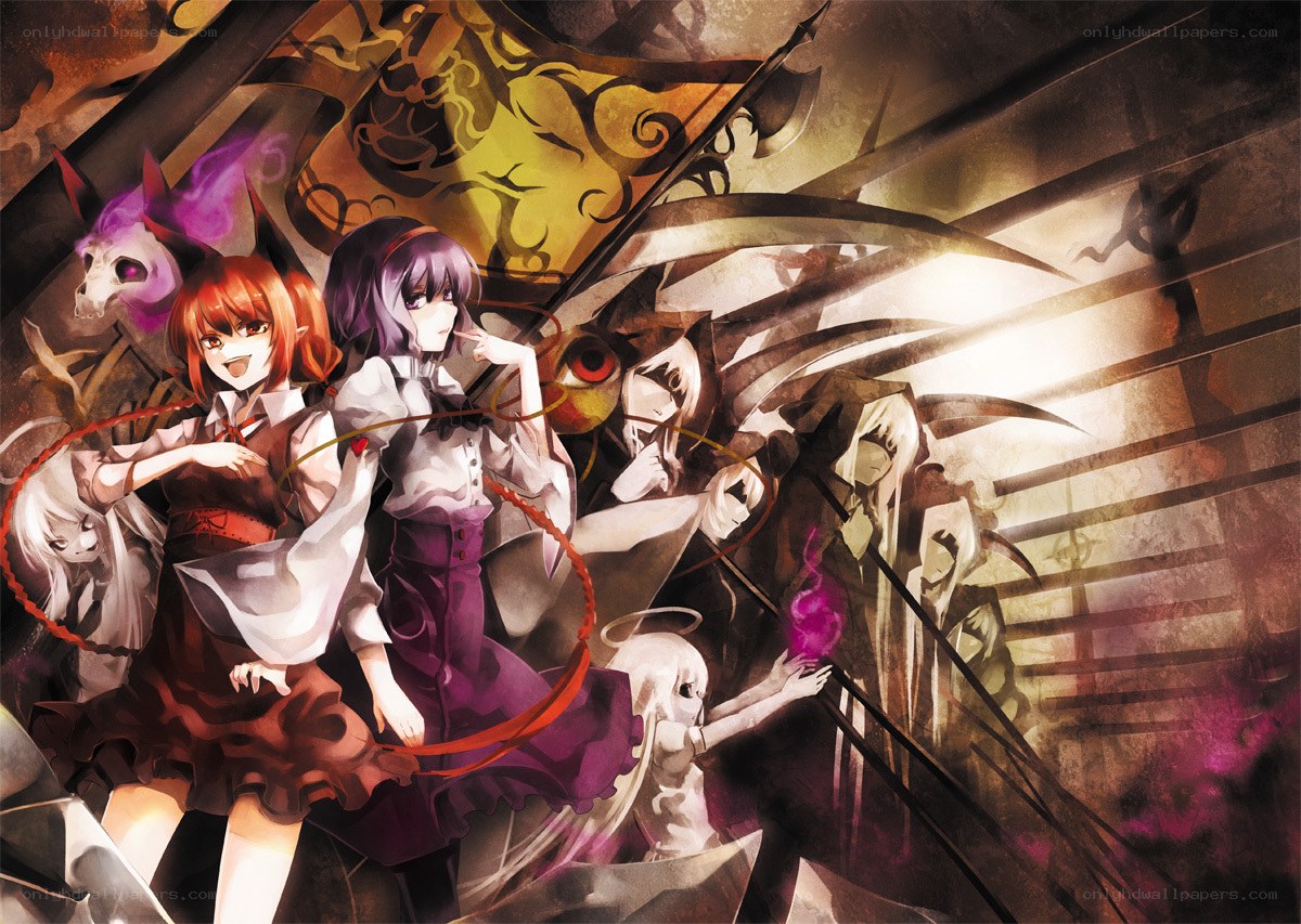 Touhou characters in a dark hall