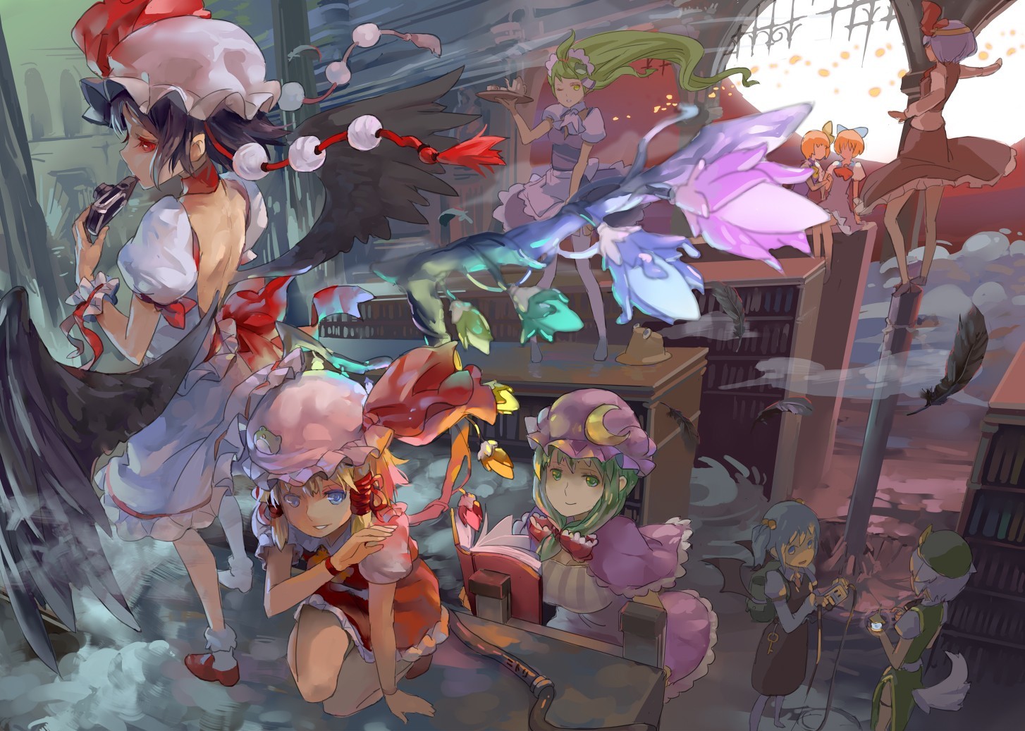 Touhou characters in a library
