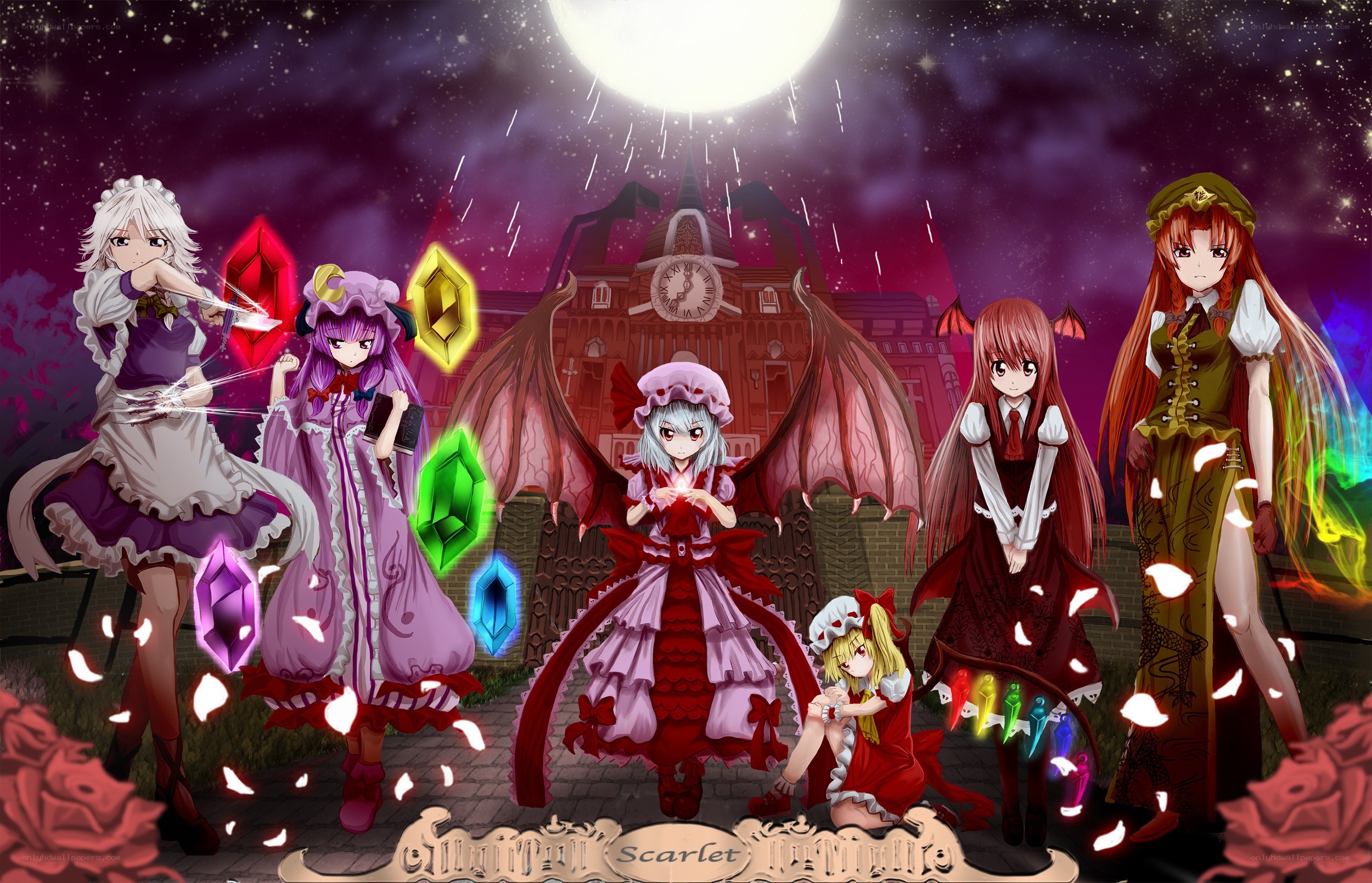 Touhou characters under moonlight