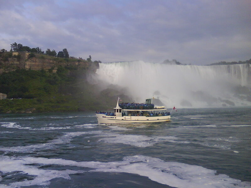 Tour Boat at Waterfall — Blue, Dramatic, Afternoon, Photograph, People, White