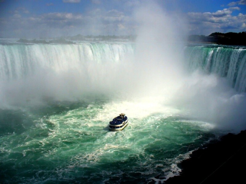 Tour Boat at Waterfall — Blue, Dramatic, Afternoon, Photograph