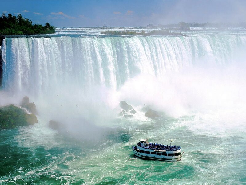 Tour Boat at Waterfall — Blue, Dramatic, Afternoon
