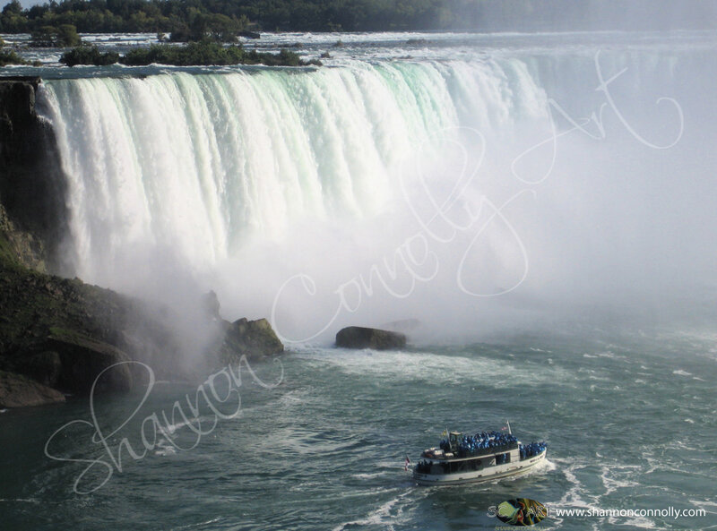 Tour Boat at Waterfall — Blue, Dramatic