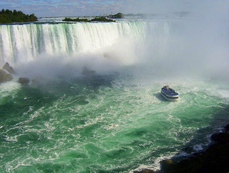 Tour Boat at Waterfall — Green, Dramatic