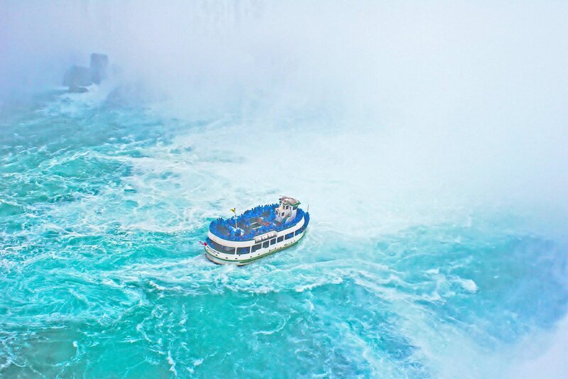 Tour Boat Near Waterfall — Blue, Dramatic