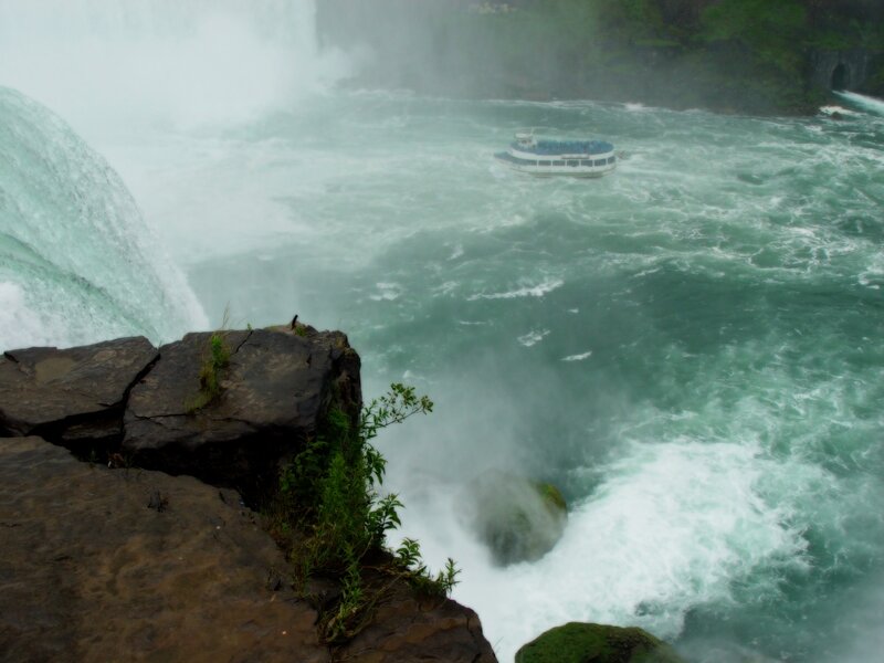 Tour Boat Near Waterfall — Green, Dramatic, Photograph