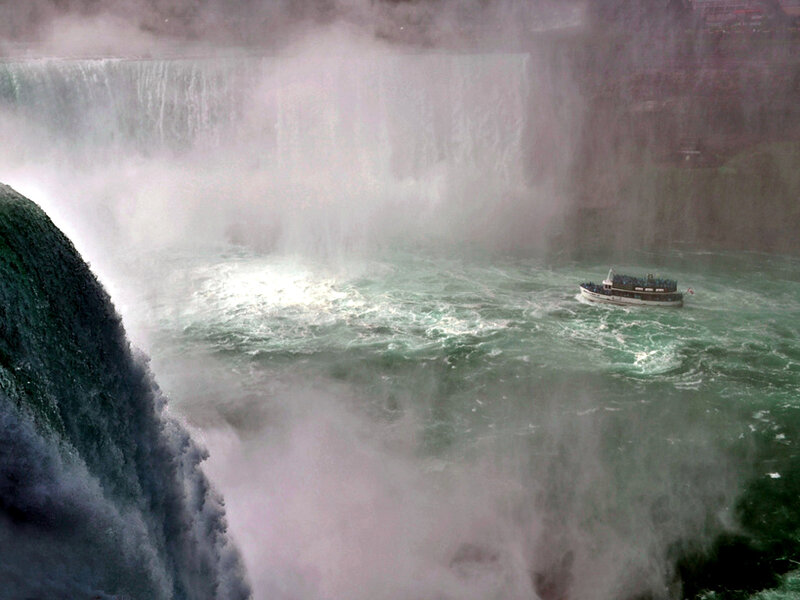 Tour Boat Near Waterfall — Green