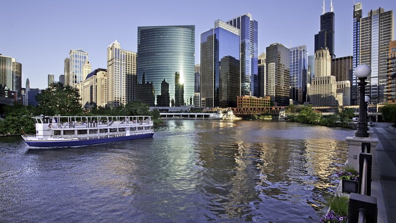 Tour Boat on River — Blue, Calm