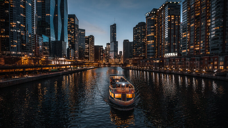 Tour Boat on River — Blue, Dramatic