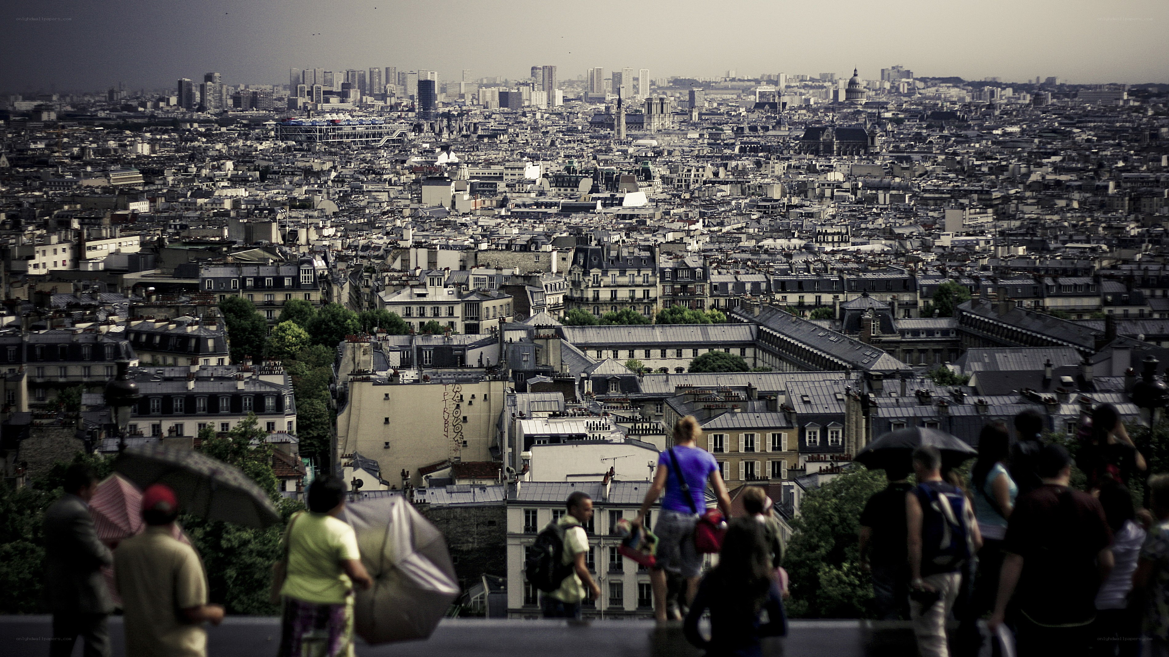 Tourists overlooking Paris cityscape