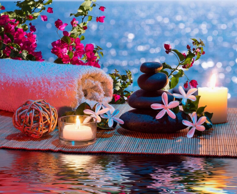 Towel and Candles on Mat — Blue