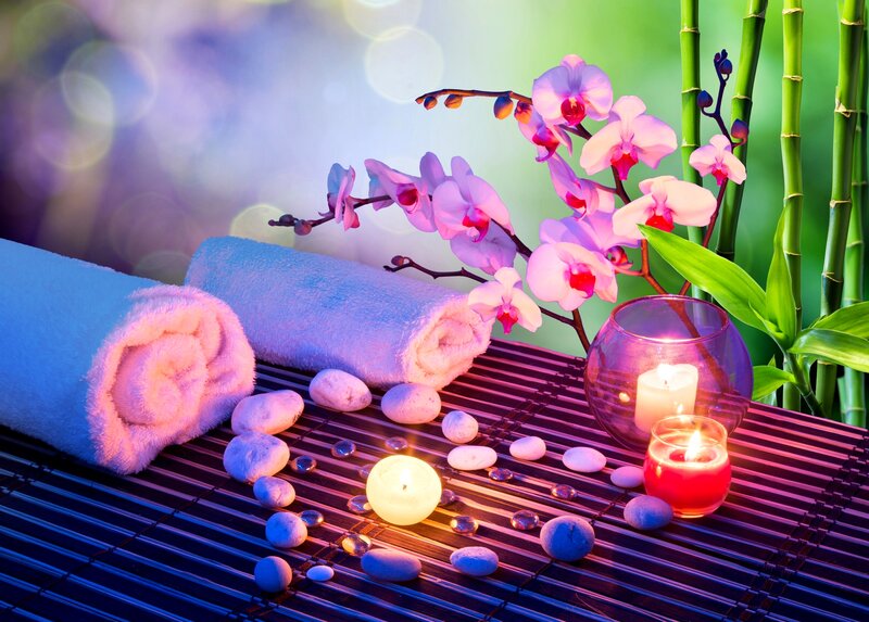 Towels and Orchids on Mat — Purple