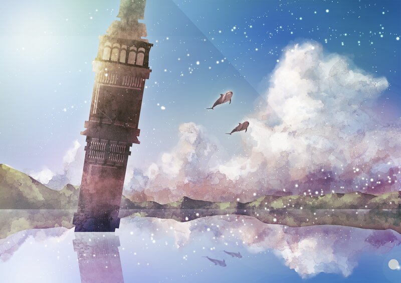 tower and flying dolphins