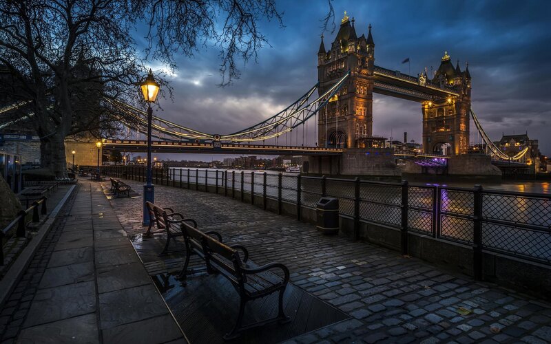 Tower Bridge at Dusk — Blue, Dramatic, Night, Photograph, River, Bench