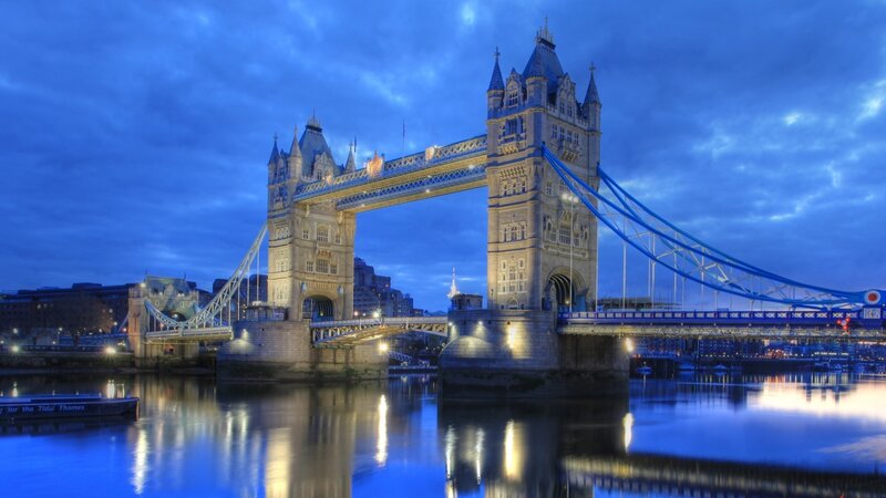 Tower Bridge at Dusk — Blue, Dramatic, Night, Photograph, River, Sky, Buildings, Black, Yellow