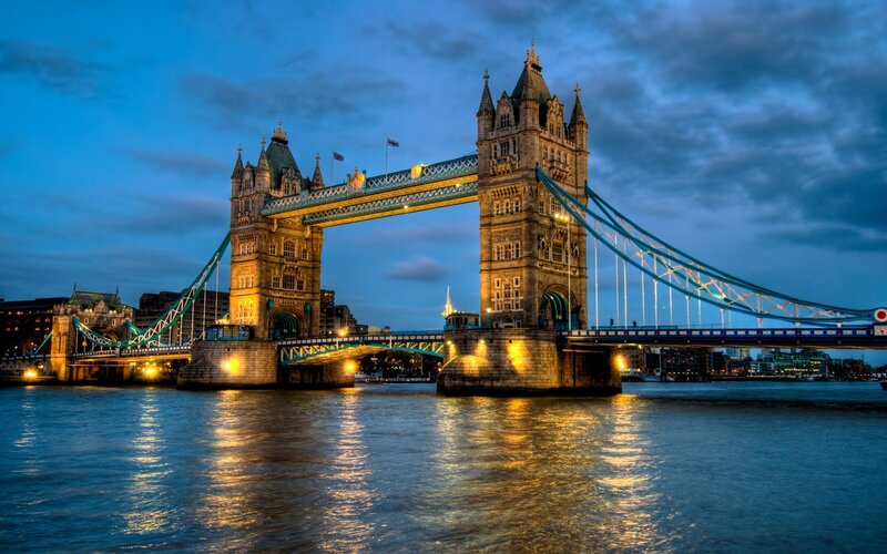 Tower Bridge at Dusk — Blue, Dramatic, Night, Photograph, River, Sky, Buildings