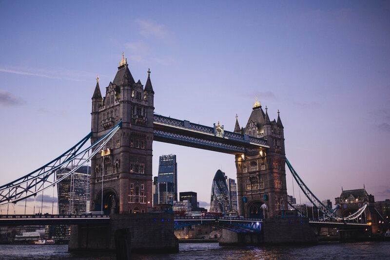 Tower Bridge at Dusk — Blue, Serene, Sunset, Photograph, London Skyline