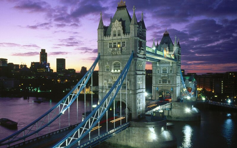 Tower Bridge at Dusk — Purple, Dramatic, Night, Photograph, River, City Skyline, Boat