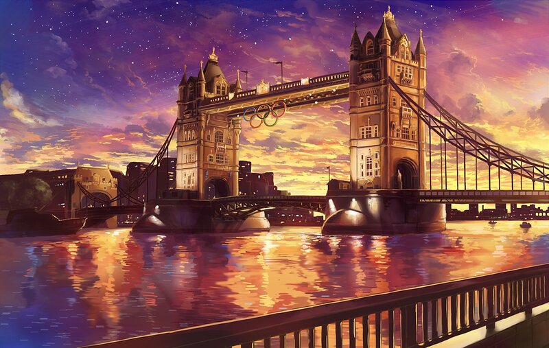 Tower Bridge at Dusk — Purple, Dramatic, Sunset, Digital Art