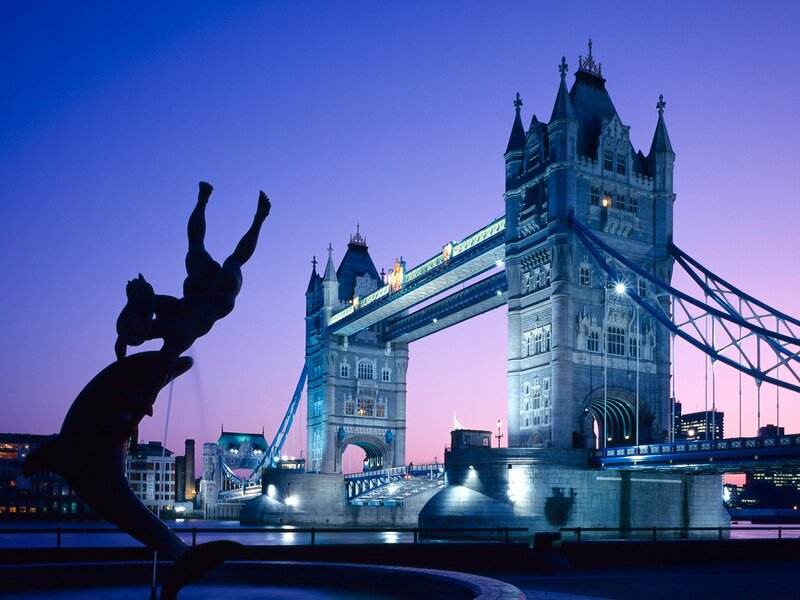 Tower Bridge at dusk with sculpture