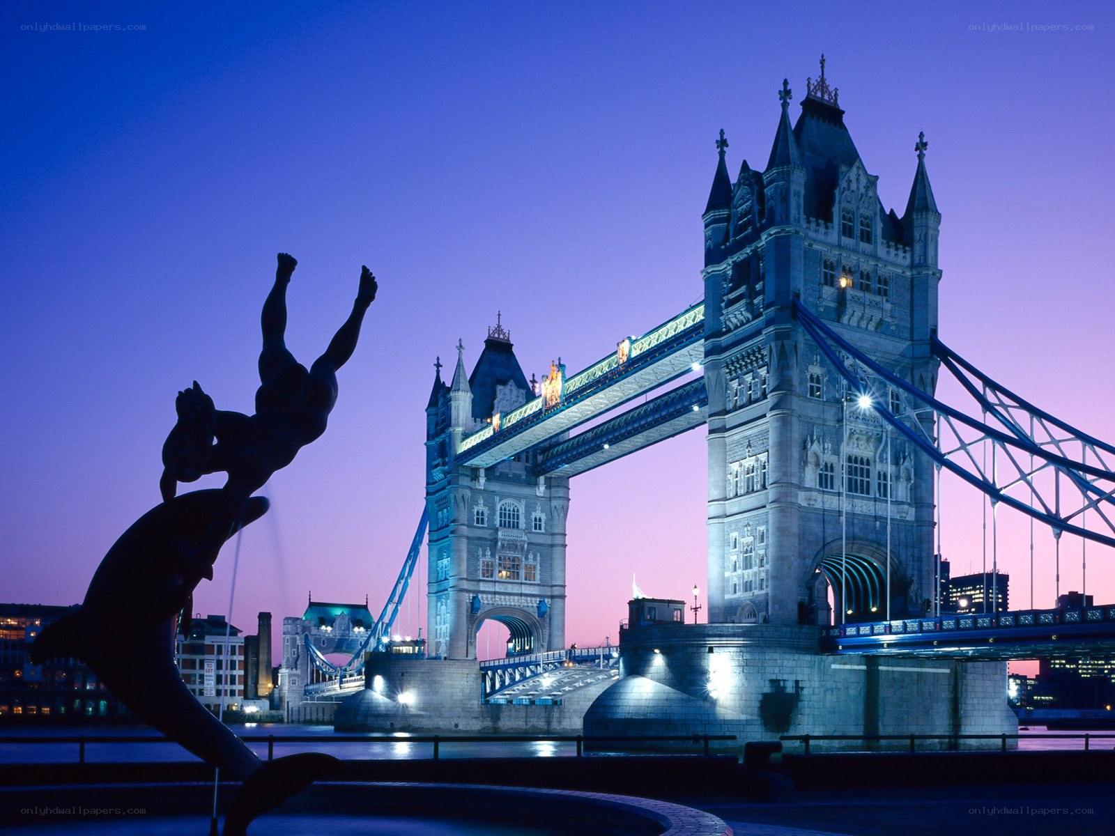 Tower Bridge at dusk with sculpture