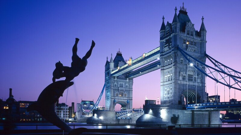 Tower Bridge at dusk with sculpture