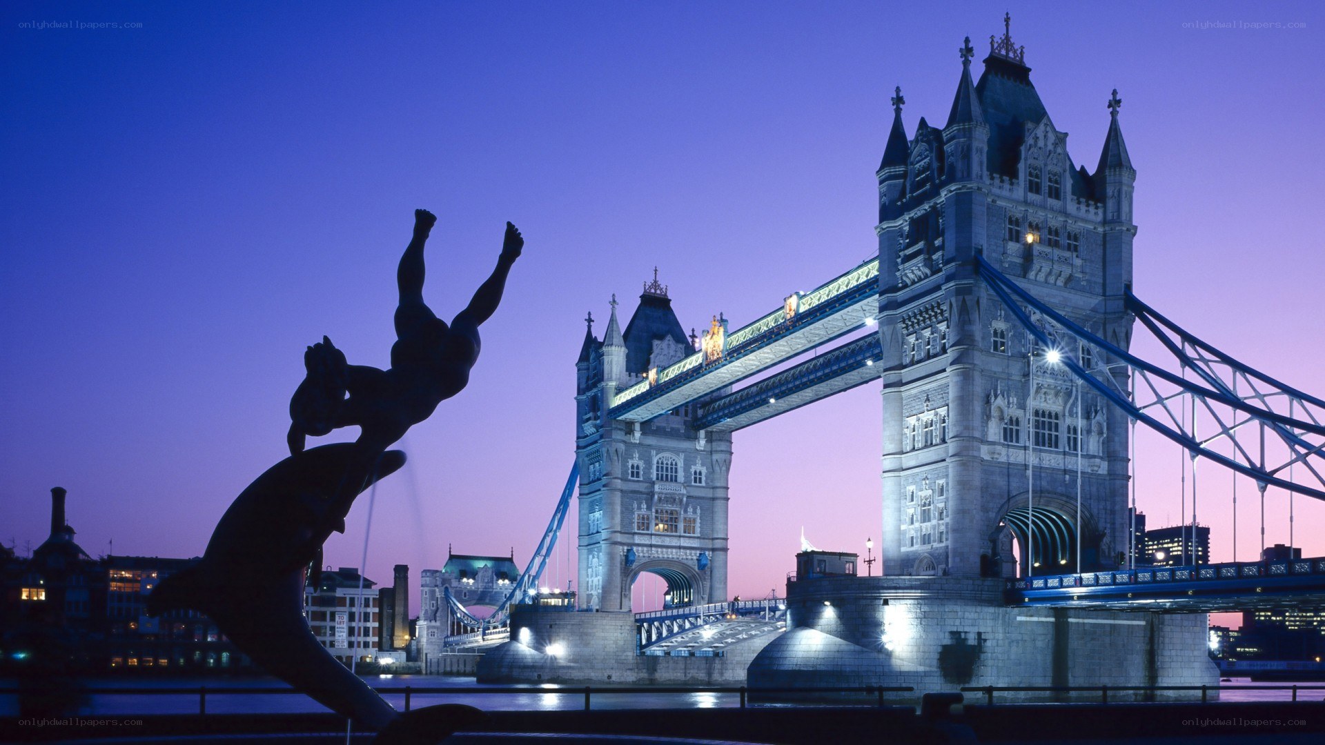 Tower Bridge at dusk with sculpture