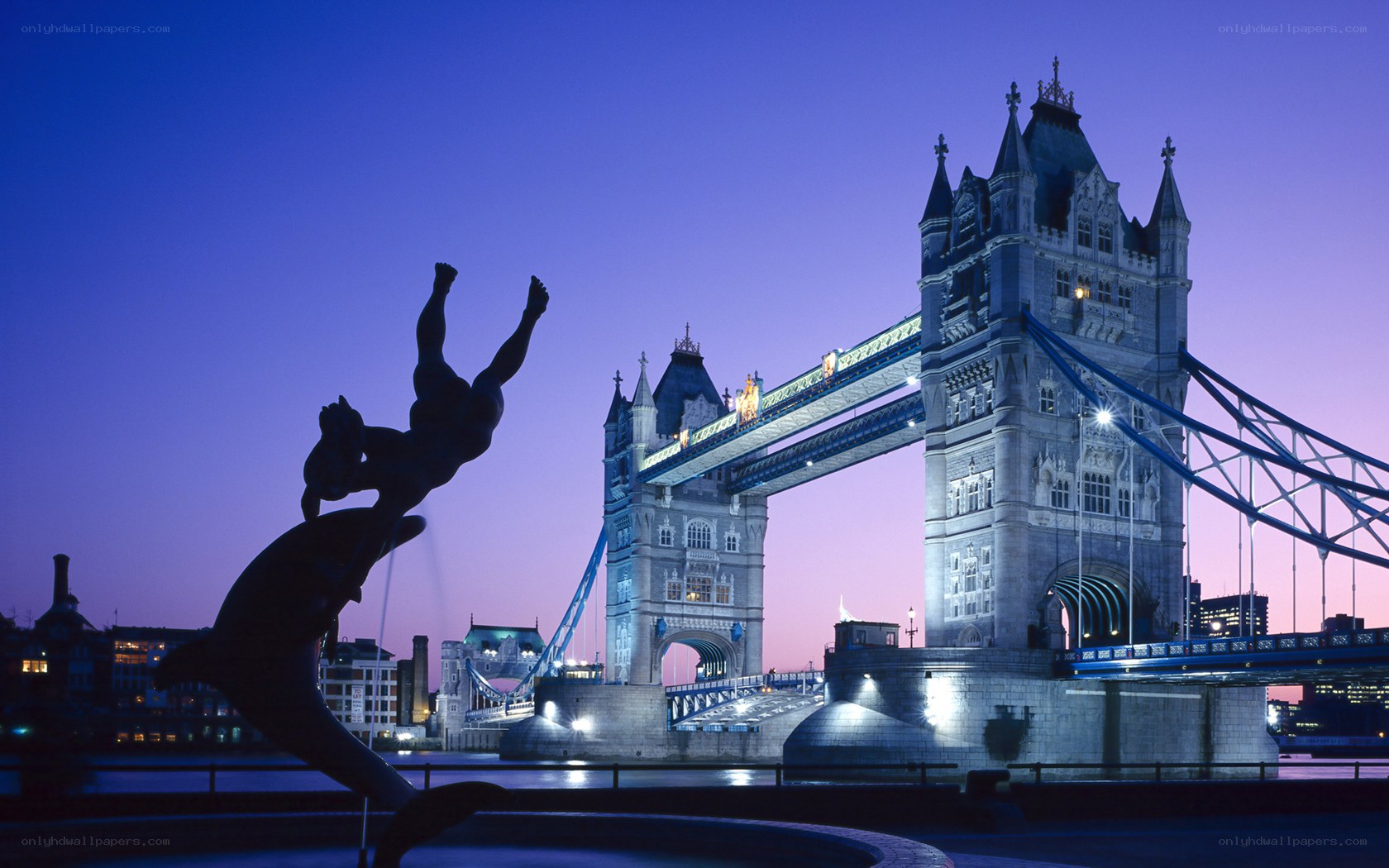 Tower Bridge at dusk with sculpture