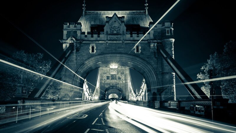 Tower Bridge at Night — Black, Dramatic, Photograph, Car Lights, Trees
