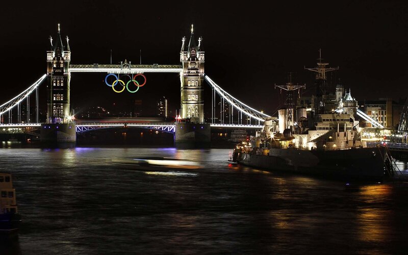 Tower Bridge at Night — Black, Dramatic, Photograph, Olympic Rings
