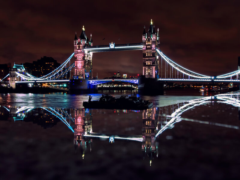 Tower Bridge at Night — Black, Dramatic, Photograph, River, Boat