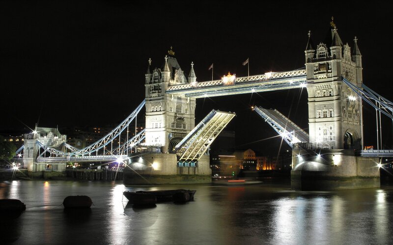 Tower Bridge at Night — Black, Dramatic, Photograph, River, Boats