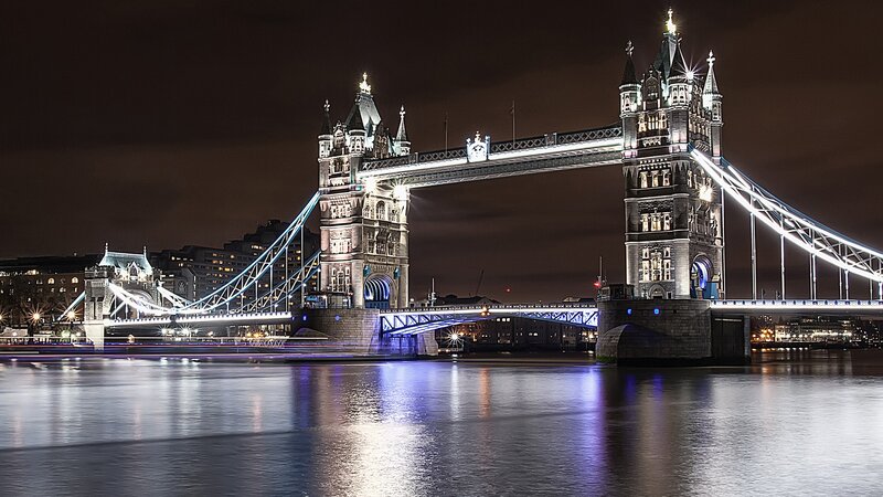 Tower Bridge at Night — Black, Dramatic, Photograph, River, City Lights