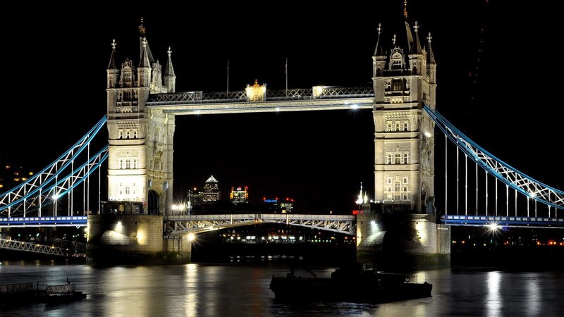 Tower Bridge at Night — Black, Dramatic, Photograph, River, City Skyline