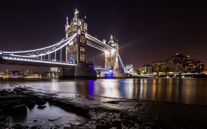 Tower Bridge at Night — Black, Dramatic, Photograph, River, Cityscape, Buildings, Blue, Yellow