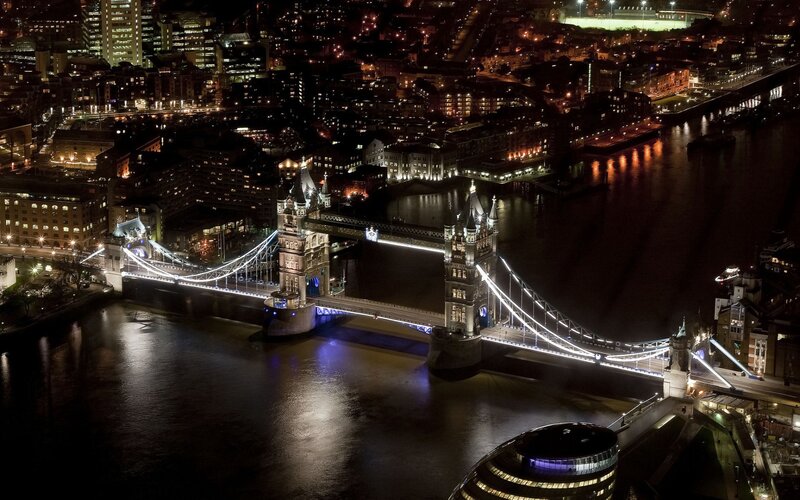 Tower Bridge at Night — Black, Dramatic, Photograph, River, Cityscape, Buildings, White
